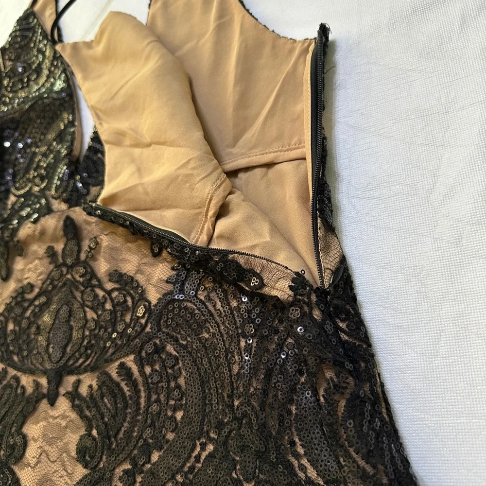Free People Night Shimmers Mini Dress 8 Plunge Sequin Lace Nude Party Whimsigoth